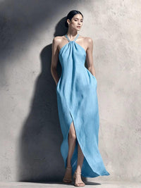 Womens Cinched Waist Side-Slit Halter Dress
