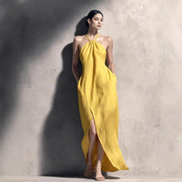 Womens Cinched Waist Side-Slit Halter Dress