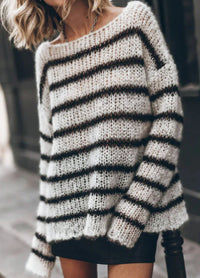 Striped See-through Loose Long Sleeve Casual Sweater Top