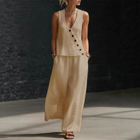 Sleeveless V-neck Button-up Top And Solid-color Pants Casual Set