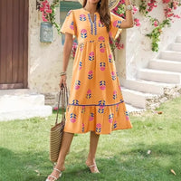 V-neck Loose-fitting Fashionable Floral-print Elegant Short-sleeve Dress