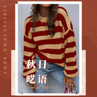 Autumn And Winter New Contrast Color Loose Shoulder Striped Pullover Sweater