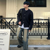 Mens Crew-neck Cardigan Sweater Loose-fitting Warm Knitted Outerwear