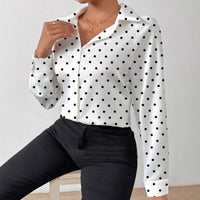 Womens Black And White Polka-Dot V-Neck Long-Sleeve Shirt