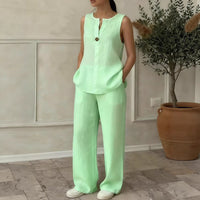 Women's V-Neck Sleeveless Knit Vest And Extended-Length Pants Set - Casual Cotton Blend Matching Outfit