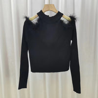 Women's Half-turtleneck Stitching Hollow Out Shoulder-baring Knitwear Top