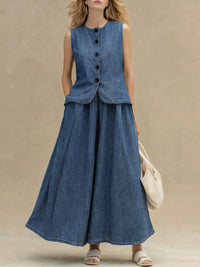Womens Crew-Neck Denim Top And High-Waist A-Line Skirt Denim Set