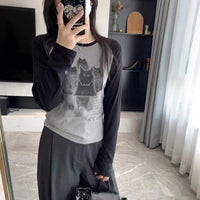 Simple Plus Size American College Style Cat Printing Long-sleeved T-shirt Top