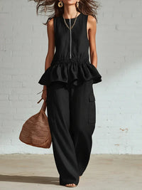 Summer Sleeveless Pleated Tank Top And Wide Leg Pants Set For Women