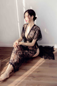 Women's Long Split Black Sheer Lace Nightdress