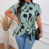 Fashion Women's Stand-up Collar Asymmetric Print Waist-tie Shirt