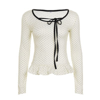 Polka-dot Printed Lace-trimmed Long-sleeve Top For Women