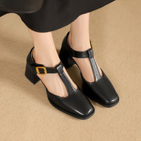 Women's Square Toe T-buckle Hollow Sandals