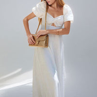 Solid-color Bubble-sleeved A-line Waist-cinched Dress