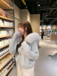 Vintage Knitted Cardigan Long Sleeve Fur Collar Coat