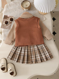 College Style Blouse Knitted Vest Plaid Row Pleated Skirt Set Three-piece Set