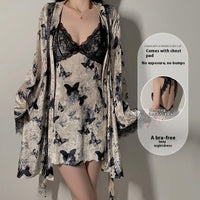 Sweet Butterfly Jacquard Deep V Plus Chest Pad Women's Suspender Nightdress Velvet Outerwear Dress Suit