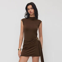 Solid-color Figure-flattering Knit Dress With A Metallic Buckle Featuring A Textured Knit For A Slimming Effect