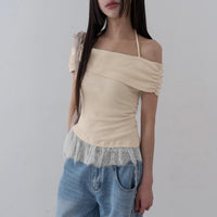 Neck-strap Lace-spliced Hem Off-shoulder Slim-fit T-shirt Top