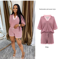 Mid-sleeve V-neck Striped Knit Top And High-waisted Shorts Set
