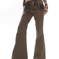 Black Weila Slimming Washed Denim Army Green Design Sense Bell-bottom Pants