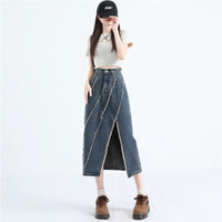 Khaki High-Waisted Raw-Hem Slit Denim Skirt Womens Summer