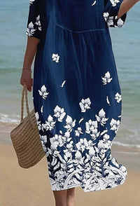 Women's Casual Round Neck Mid Sleeve Print Cotton And Linen Dress