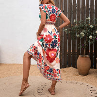 Printed Flared Maxi Dress With Long Sleeves And Lace-Up Waist Casual Style