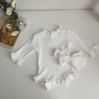 New Infant Autumn Sunken Stripe Romper Hair Band Set Baby Girl One-piece Tights