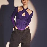 Halterneck Jumpsuit Solid Color See-through Long Sleeves