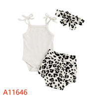 Flower Print Sling Romper Shorts Headscarf Three-piece Set