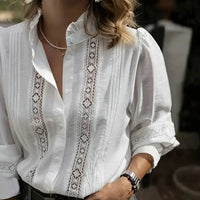 Elegant White V-Neck Blouse With Lace Details