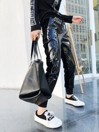 Elastic Waist Bright Leather Velvet Track Pants