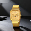 Stylish Multifunctional Square Watch With A Six-hand Moon Phase Display Designed For Business And Featuring Water Resistance