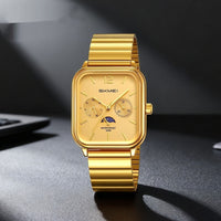 Stylish Multifunctional Square Watch With A Six-hand Moon Phase Display Designed For Business And Featuring Water Resistance