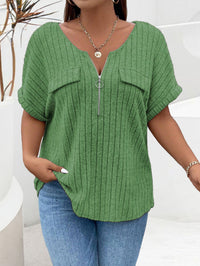 Solid-color Plus-size Top With Zipper Short Sleeves And Faux Pockets