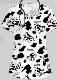 Plus Size Women's Vibrant Print Scrub Top Casual V-Neck Short Sleeve