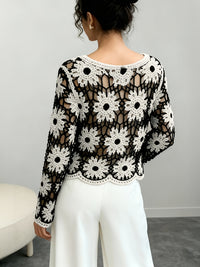 Womens Crochet Hollow-Out Knitted Pullover Top With Long Sleeves