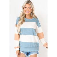 Spring Striped Drop-shoulder Long-sleeve Color Contrast Patchwork Pullover