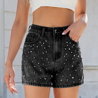 Washing Design Beaded Slimming Denim Half-length Women's Shorts