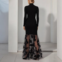 Black Mesh Floral Knit Turtleneck Long-Sleeve Patchwork Gauze Dress