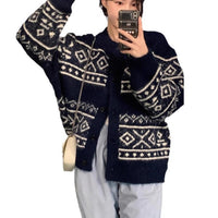 Casual Women's Sweater Geometric Pattern Round Neck Knitted Cardigan