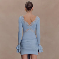 Womens Lace-trimmed Flare-sleeve Bodycon Backless Dress