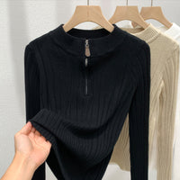 Retro Zipper Ribbed Knit Base Shirt With Semi-high Collar