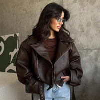 Lady Temperament Short Lace Up Leather Coat
