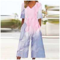 Summer Elegant V-Neck Jumpsuit With Three-Quarter Sleeves And Wide Legs