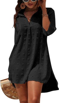 Dress With Three-quarter Sleeves Solid Color Sun-protective Beach Cover-up