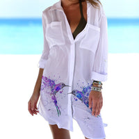 3D Casual Women's Clothing Bird-and-flower Painting Printed Beach Vacation Blouse