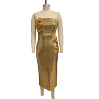 Womens Golden 3D Floral Tube Dress