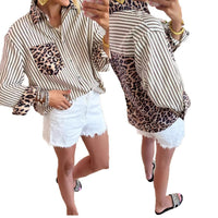 Fashionable Casual Versatile Long-sleeve Leopard-print Patchwork Cardigan Striped Shirt